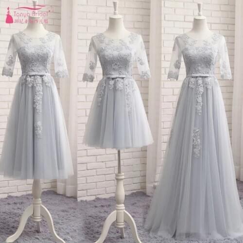 Half Sleeves Slivery Lace Bridesmaid Dresses 2018 Open Back Lace Up Tulle wedding guest dress vestido largo DQG348