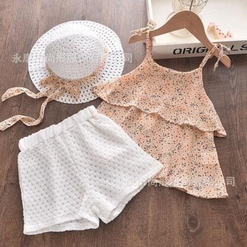 2021 Summer Cake Floral Chiffon Camisole Hollow out White Shorts Straw Hat Three-Piece Set
