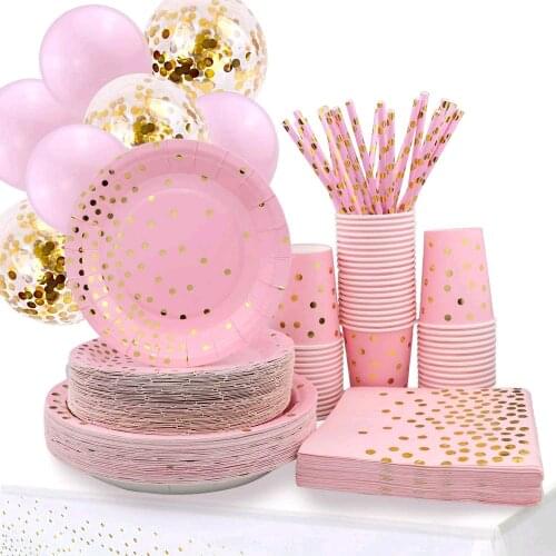 Pink Gold Dot Wedding Party Disposable Tableware Paper Cup Plate 1st Birthday Party Decor Kids Girl Baby Shower Party Supplies
