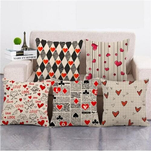 One Side Print Cushion Cover Linen Pillow Cover for Home Sofa Seat Throw Cute Vintage Decoration 45X45cm Pink Love