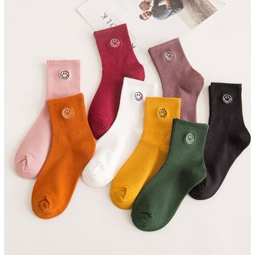 Solid Color Cartoon Smiling Face Embroider Ins Fashion Woman Harajuku Street Casual Breathable Daliy Life Middle Tube Socks