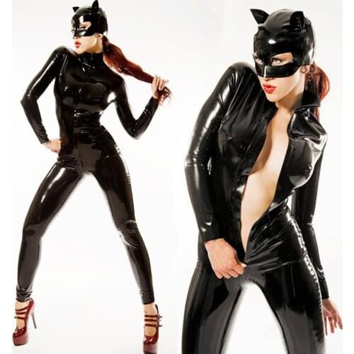 Black Sexy Wetlook Faux Leather Long Sleeve pvc Catsuit with Zipper Sexy Erotic Bodysuit Fetish Clubwear Cosplay Catgirl Costume