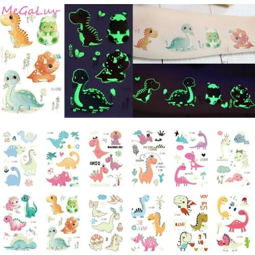 Luminous Dinosaur Tattoo Stickers Cartoon Fun Glowing Stickers Temporary Tattoo Body Art for Kids Birthday Party Decor Supplies