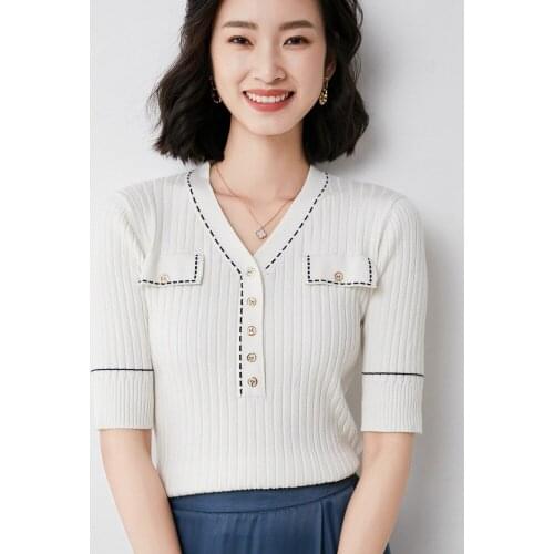 Spring and Autumn Thin Pullover Short-Sleeved Sweater Womens Wool Slim-Fit Korean V-neck Loose Small Fragrance Jacket 60122