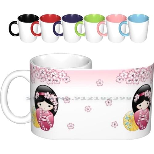 Japanese Spring Kokeshi Doll Ceramic Mugs Coffee Cups Milk Tea Mug Spring Kokeshi Doll Cute Girly Vector Sakura Cherry Blossom