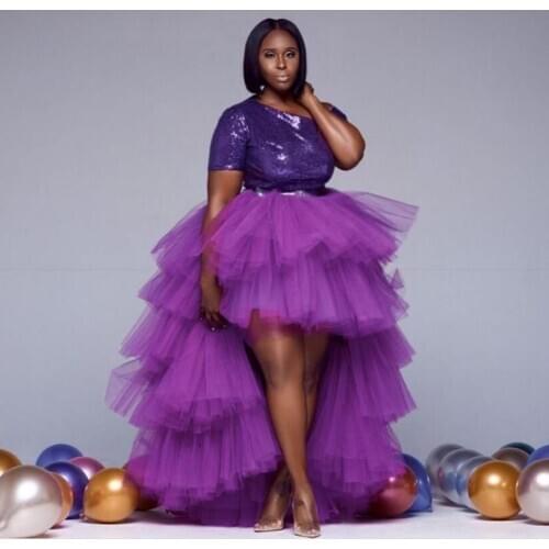 Dark Purple Christmas High Low Women Tulle Skirts Puffy Ruffles Tiered Long Female Tulle Skirt Maxi Skirt Elastic