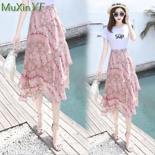 Plus Size Chiffon All-Match Midi Skirt Women Summer Dress 2021 New High Waist Sexy A-Line Floral Irregular Lotus Leaf Skirts