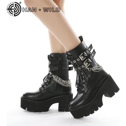 Mid-Calf Women Chunky Heels Platform Boots Female Motorcycles Boots Sexy Belt Chain Punk Style Woman Shoes Botas Mujer