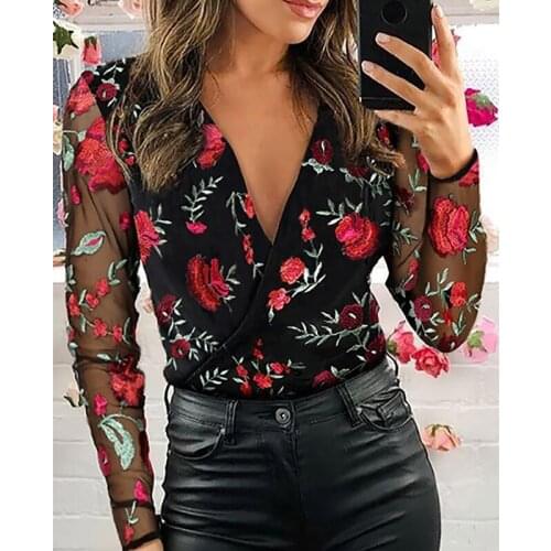 Lace Office Shirts Female Plus Size Summer Women Fashion Long Sleeve V-Neck Casual Tops Patchwork See-through Floral Embroidery