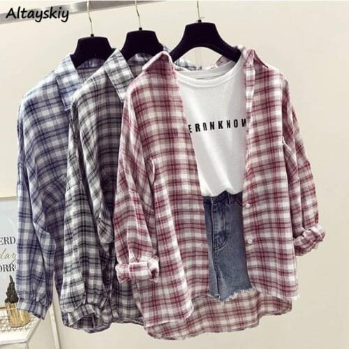 Shirts Women Casual Tops Plaid Retro Port Flavor Summer Korean Style Loose Students Wear Sun Protection Fashion Ins All-match
