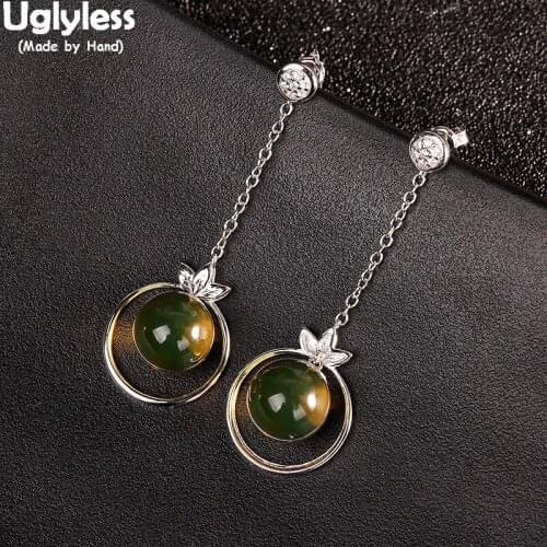 Uglyless Natural Amber Balls Dangle Earrings for Women 925 Sterling Silver Leaves Earrings Discolored Gemstones Brincos Jewelry
