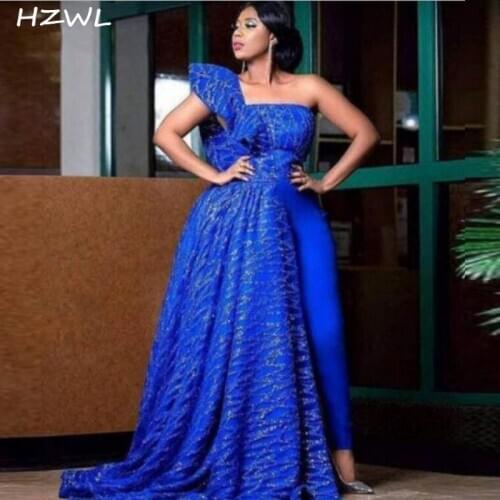 Royal Blue One Shoulder Evening Dresses Ruffles Jumpsuit Prom Dress 2020 Arabic Women Plus Size Party Gowns Robe De Soiree