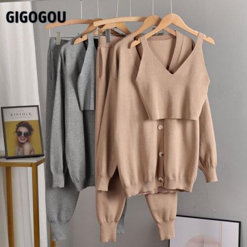 GIGOGOU 3 Piece Sets Women Cardigan Tracksuits Oversized Vintage Women Open Cardigans Coat + Short Tank Top + Harem Pants Suits