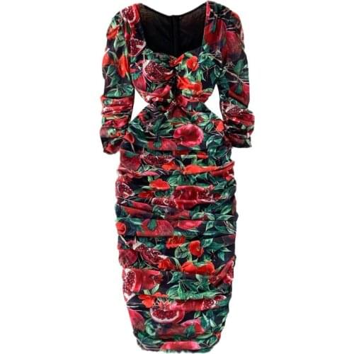 2021 New Summer Vintage square collarelegant Dress high waist pleated waist leopard rose print mid-length wrap Dress Autumn