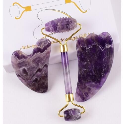 Amethyst Massager Natural Stone Facial Roller Gua Sha Tools Set SPA Acupuncture Scraping Crystal Gouache Scraper Jade Roller Set