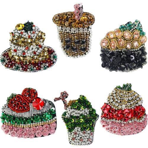Cake Juice Design Sequins Bead Rhinestones Applique Patches Sew on Clothes Bag Shoes Decoration Badge DIY Craft 2pc TH2162