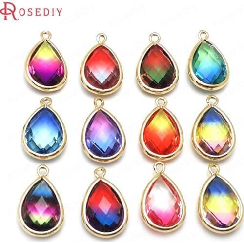 C477)6 pieces 18x12mm 24K Champagne Gold Color Brass Glass Colorful Rainbow Drop Shape Charms Pendants Findings Accessories