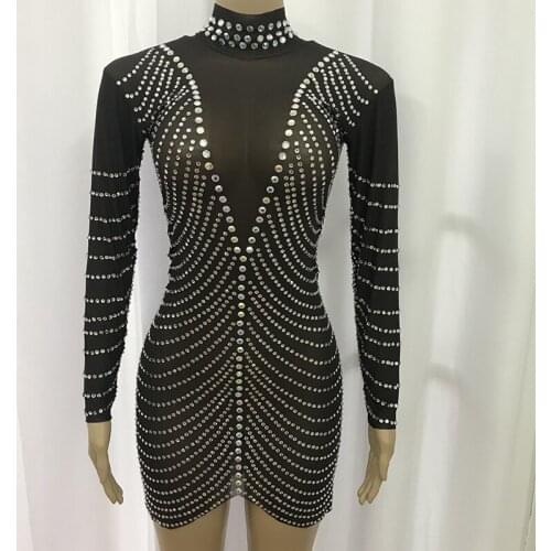Black Sexy Stage AB Rhinestones Stretch Dress Rhinestones Evening Birthday Party Dance Stones Outfit Stage Performance Costume