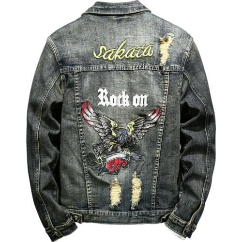 Red Rose Eagles Embroiderey Denim Jacket Men Clothing Street Fashion Youth Personality Casual Loose Outerwear Frayed Coats