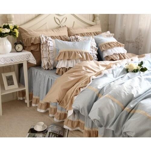 Europe Classic Bule grid Plaid Bedding Set Ruffle Duvet Cover Elegant Splicing Bedspread Wrinkle Queen Size Pillowcase HM15B