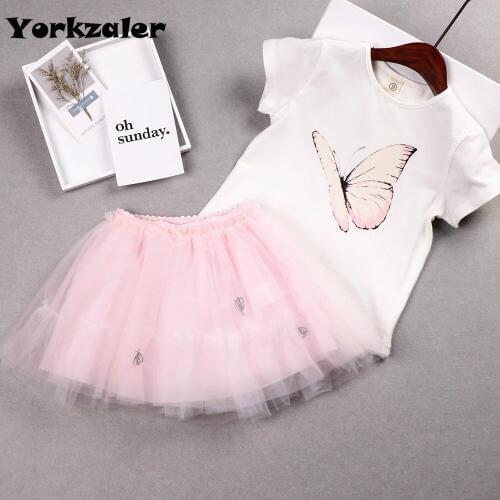 New 2019 Girls Clothing Set Butterfly Printed T Shirt and Tuty Skirt Summer Outfits Kids Clothes Set Cute Sets Children Wear