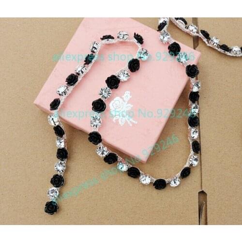 Free shipping 1 yard 1cm thin black flower metal chain with clear crystal rhinestone sewing on garment dress clothing accessory