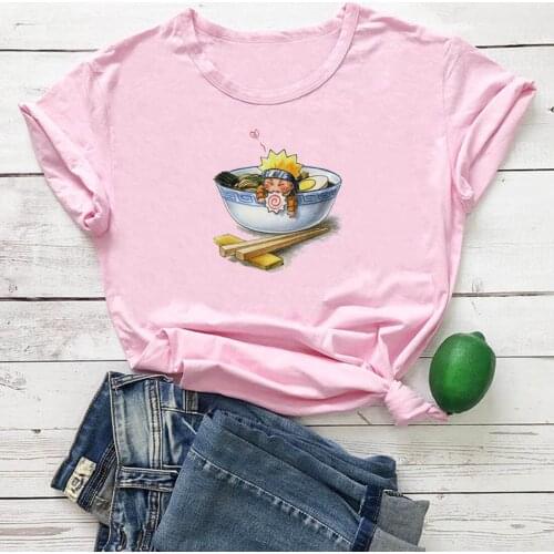 Cute Cartoon Characters T Shirt Women Korean Fashion Cotton Tshirt Women Favorite Food Pattern Femme T-shirts Pink Loose Tops