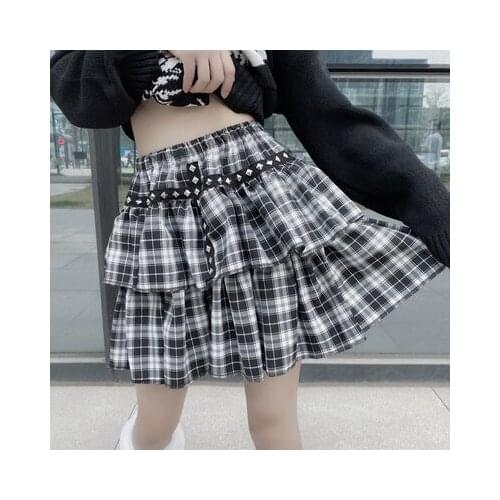 Japanese Harajuku Girls Pink Plaid High Waist Pleated Skirts Ball Gown Punk Sweet Lolita Cake Mini Skirt Y2K Fashion Women Skirt