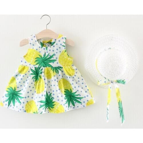 Baby Dress New Fashion Summer Baby Clothes High Quality Fruit Printed Princess Dress Sleeveless Dress Hat 2Pcs Girls Clothes