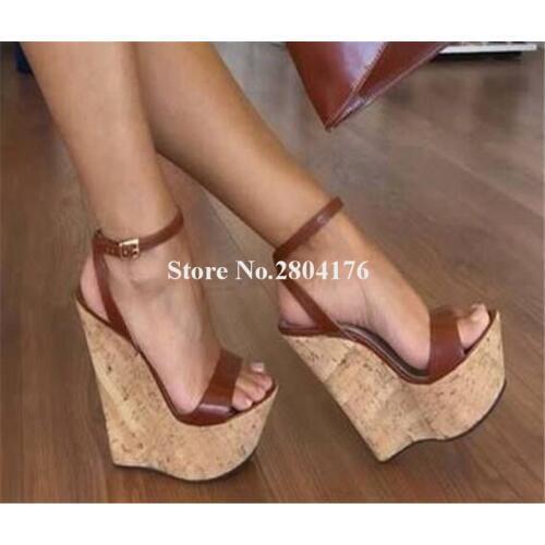 Women Fashion Design Peen Toe Super High Platform Wedge Sandals Ankle Strap Brown Black Big Size Wedge Sandals 15cm Heels