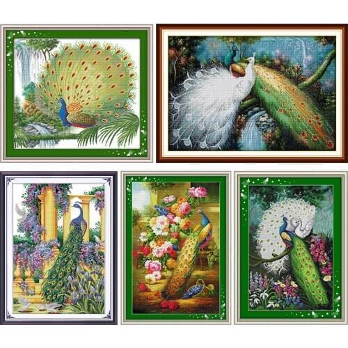 Stamped Cross Stitch Kit Joy Sunday Purple Flowers&peacock Patterns 14CT 11CT Counted Handmade Embroidery Needlework Accessories