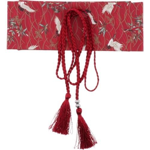 Vintage Obi Belt Crane Floral Printed Lace Up Wide Waist Belt for Ladies