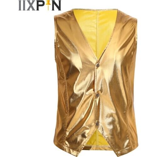 YiZYiF Jazz Dance Costumes Mens clubwear vest top Wetlook Patent Leather Soft Costume Old School Mens Halloween MC Hammer Vest