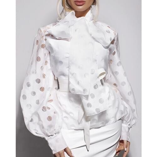 2020 new spring and sumemr lantern sleeves bow collar polka dots organza high quality women shirt female blouse U362