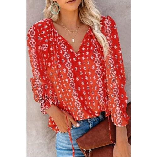 Top Women Autumn Blouse 2021 New Floral Print Chiffon Shirt Casual Loose Large Size OL Long Sleeve V-neck Lace Up Ladies Blouses