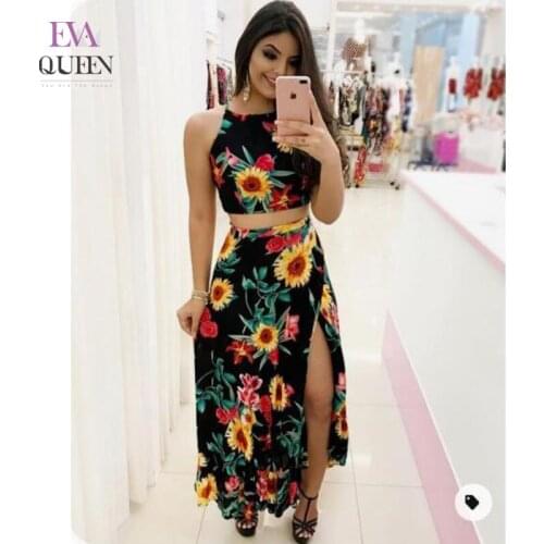 EvaQueen Floral Print High Split 2 Piece Sets Women Spaghetti Strap Soft Date Skirt Sets Backless Zippered Sexy Ensemble Femme