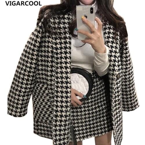 Ladies Fashion Ladies Suit Fall/Winter 2021 New Retro Houndstooth Lapel Long Woolen Jacket + Half-length Skirt Two-piece Female