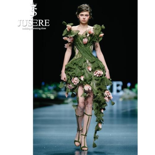 JUSERE 2019 SS FASHION SHOW Green Short Party Dress Embroidery 3D Flower Knee Length Off The Shoulder Formal Gowns vestido