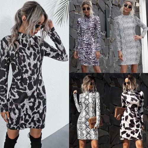 Snake Print Dress Stand Collar Sexy Vintage Pencil Women Bodycon Dress Long Sleeve Sukienka Skin Tight Leopard Dress Mock Neck