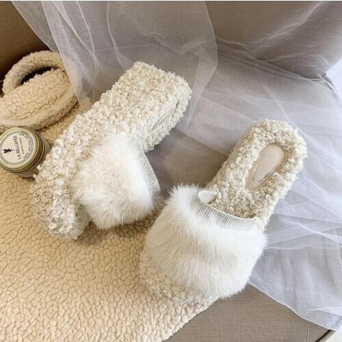 2021 Women Platform Fur High Heels Slipper Home Plush Slippers Ladies Indoor Wedge House Shoes Winter Slip On Slides Mujer