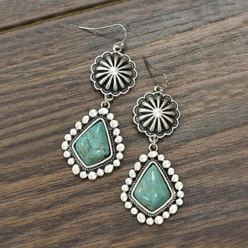 2021 Wholesale New European and American Retro Style Diamond-shaped Turquoise Earrings Jewelry for Wholesale