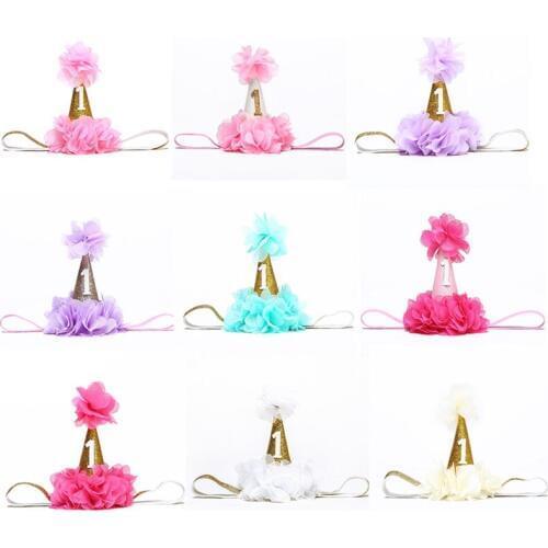 3Pcs/Lot Newborn Baby Cake Hats Birthday Decor 1st Birthday Party Hat Gold Glitter Baby Pink Flower Headband Photography Props