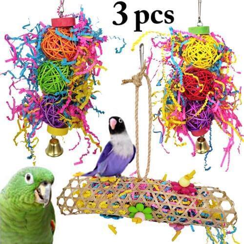 3PCS Bird Toy Set Rattan Ball String Training Parrot Chew Toy Bird Hanging Toy Bird Training Accessories