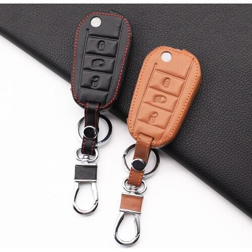 3 button genuine leather car key case for peugeot 3008 208 308 508 408 2008 protective cover holder skin car accessories