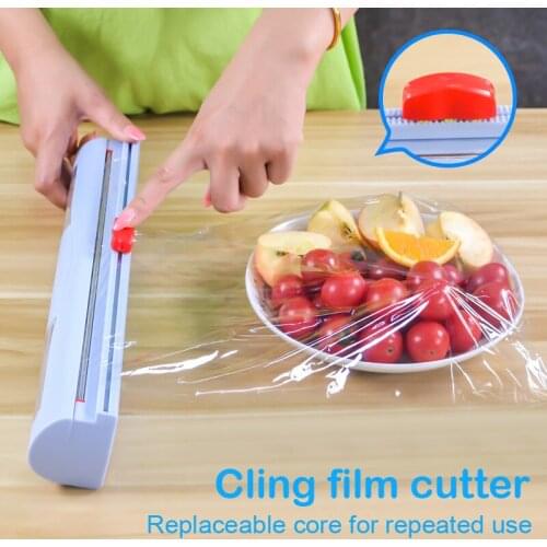Plastic Wrap Dispenser with Slide Cutter Reusable Foil & Sealing Film Cutter Kitchen Storage Accessory Adjustable Length