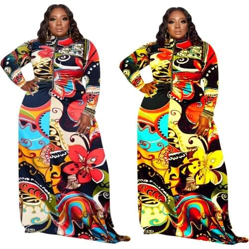 Plus Size 4XL 5XL Elegant Boho Printed Long Maxi Dress for Women Slim Clothing full Sleeve Turtleneck Party Dresses Vestidos