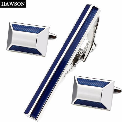 HAWSON Trendy Blue Tie Clips & Cufflinks Men Enamel Cuff link and Tie Clip Sets Fashion Copper Metal Tie Pin Sets