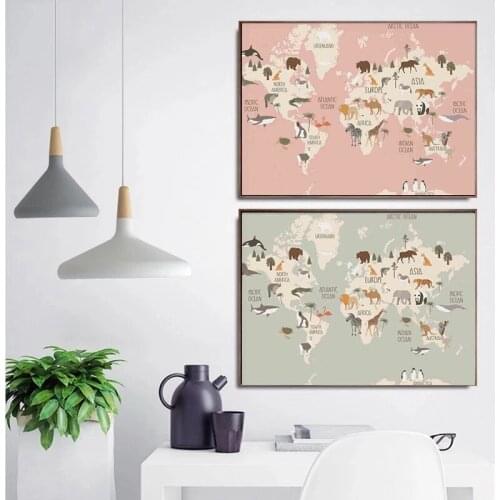Childrens Room Decoration Painting World Map Animal Distribution Picture Baby Enlightenment Wall Poster Study Room Home Decor