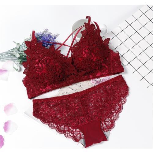 Lingerie bra set wire free lenceria sexy bielizna damska komplety Cup AB lace top wine red lenceria lace underwear set