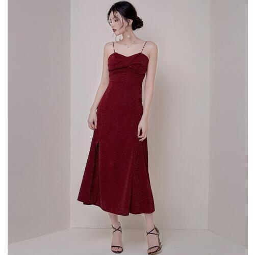 Red Spaghetti Strap Strapless Elegant Women Dresses 2019 Summer Sequin Maxi Split Dress Elegant Ladies Vintage Sexy Party Dress